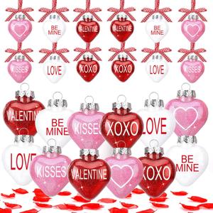 24pcs Valentines Day Ball Ornaments Set with Plastic Rose Petals 2.36 Inches Red Pink White Hanging Balls for Tree Wedding Home Anniversary Decor