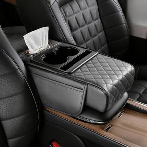 Car Armrest Cushion, Car Center Console Cover, Leather Armrest Cover for Car, Universal Middle Console Cushion with Storage Box, Cup Holder, Phone Slot, Waterproof Interior Accessories (Light gray)