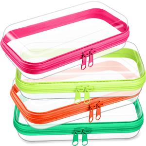 Hoolerry 4 Pcs Hard Clear Zipper Case Makeup Bags Plastic Zipper Pouch Transparent Storage Box Containers for Cosmetics, Snacks, Building Blocks, Puzzles(Clear,7.5 x 3.9 x 2 in,Fluorescent)