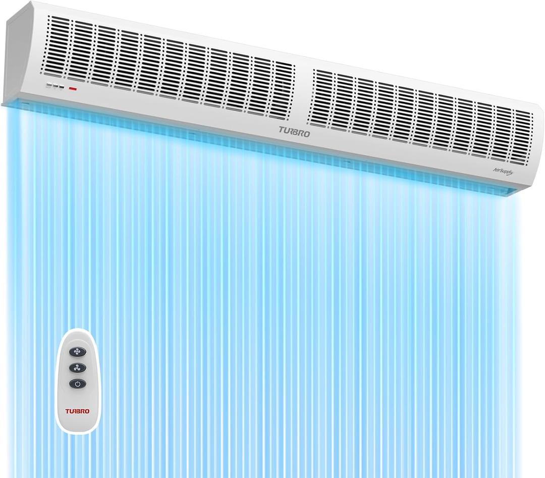 TURBRO 60 in Air Curtain for Doors with Magnetic Door Switch, Wall-Mounted Fan with Remote Control, 2 Speeds, 1883 CFM, 2559 FPM, for Residential and Light Commercial Use, 120V
