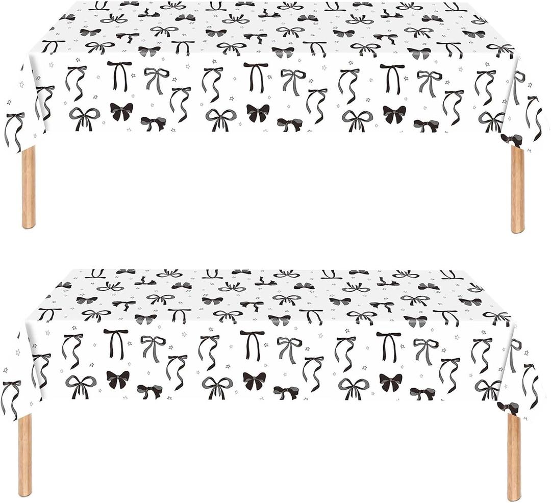 2PCS Black Bow Plastic Tablecloth,Elegant Disposable Waterproof Table Cover for Bow Theme Party, Birthday Decorations, Baby Shower, Bachelorette (White)