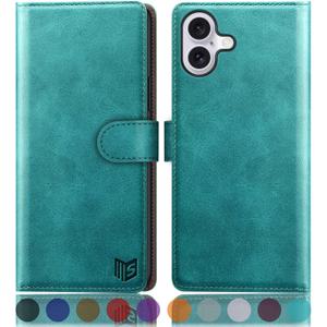 SUANPOT Compatible with iPhone 16 6.1" Wallet case with RFID Blocking Credit Card Holder,Flip Book PU Leather Protective Cover Women Men for Apple 16 Phone case Blue Green