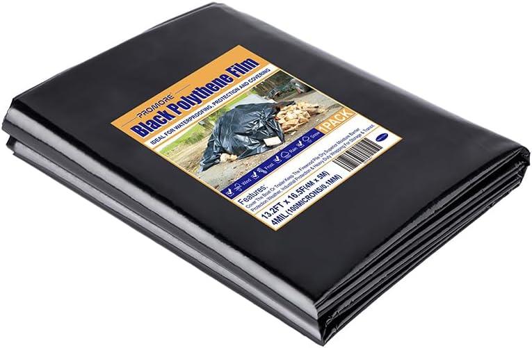 Black Plastic Sheeting 4Mil, 13.2x16.5ft, Heavy Duty, Polyethylene Plastic Film for Garden,Construction, Landscaping, Weed and Moisture Control