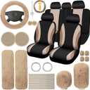ROCEEI 43 Pcs Beige and Black Car Seat Cover Full Set for Women Christmas Fuzzy Car Accessories Fluffy Steering Wheel Cover Front Rear & Belt Handbrake Shift Accessory for Winter