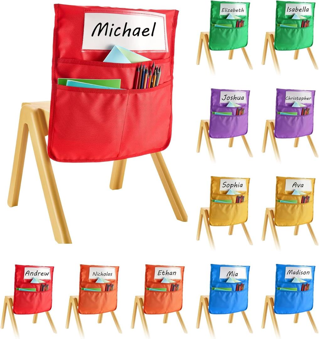 VEVOR Chair Pockets for Classroom, 12 Pack, 17 x 19 Inches Chairback Buddy Pocket with Name Tag, 6 Bright Colors, Back of Chair Organizer for Kids in Classroom, Kindergarten, School, and Home