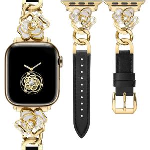 Minyee Compatible with Apple Watch Band 41/40/38/44/45/46/49/42mm Women, Dressy Slim Elegant Leather Metal Link Chain Strap with Bling Camellia Charms for iWatch Ultra 2 Series 10/9/8/7/6/5/4/3/2/1/SE (Black/Gold)