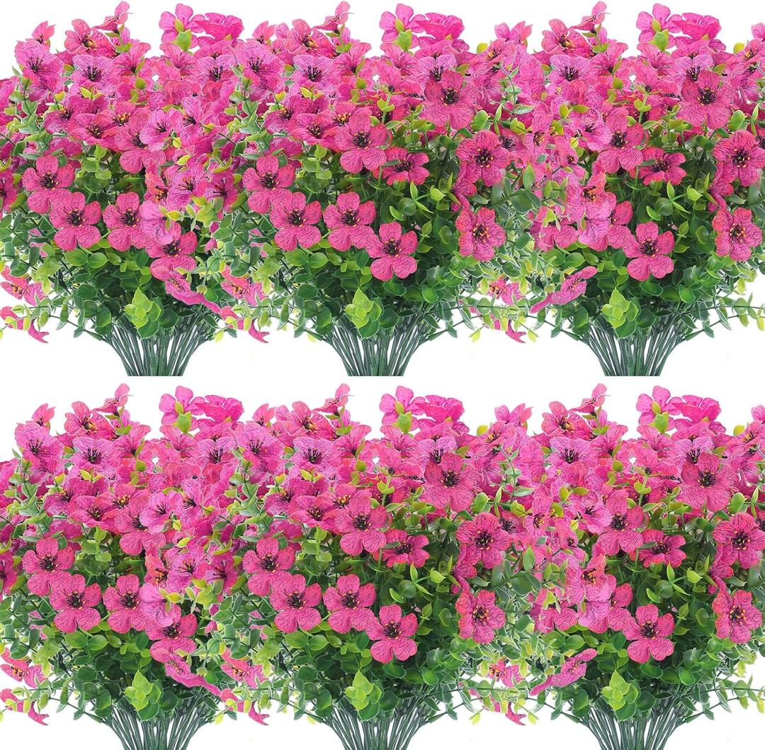XEOLIAN 12 Bundles Artificial Flowers Outdoor UV Resistant Fake Plastic Plants Indoor Outside Hanging Plants Garden Porch Window Box Home Wedding Farmhouse Festive Shrub Decor (Rose Red)