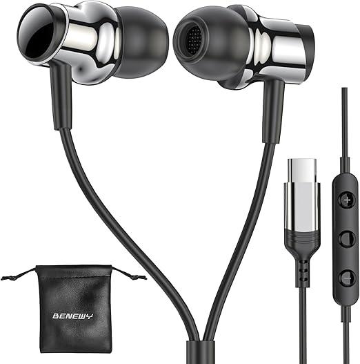 Benewy USB C Headphone for Samsung S25 S24 S23 Ultra FE S22 A55 A54 Wired Earbuds Magnetic in-Ear Type C Earphone with Mic Volume Control Stereo Noise Canceling Earbud for iPhone 17 Air 16 15 Pro Max Pixel 9, Black
