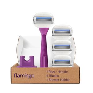 Flamingo Moisture Plus Women's Razor Set - Razor Handle, 4 Blade Refills, Shower Holder - Fig