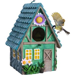 DEWEL Waterproof Bird Houses for Outside, Decorative Resin Birdhouses for Outdoors Garden Yard Decor, Hanging Bird House with Flower for Bluebird Finch Swallow Chickadee, Nesting Box for Bird Lovers (Green)