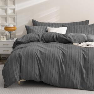 JELLYMONI Duvet Cover Queen Size Dark Grey - 3PCS Boho Striped Duvet Cover Set Polyester Tufted Bohemian Textured Comforter Cover 9090in with Corner Ties & Zipper and 2 Pillowcases