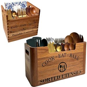 2-in-1 Acacia Wood Kitchen Utensil Holder with Removable Caddy