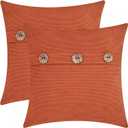 CaliTime Throw Pillow Cases Pack of 2 Soft Corduroy Striped Cushion Covers with Triple Large Natural Coconut Shell Buttons for Couch Sofa Home Farmhouse Decoration 18 X 18 Inches Burnt Orange