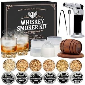 Whiskey Bourbon Cocktail Smoker Infuser Kit with Torch - 6 Flavors Wood Chips for Old Fashioned Drinks, Unique Anniversary Christmas Housewarming Gifts for Men,Dad,Father,Husband,Birthday (No Butane)