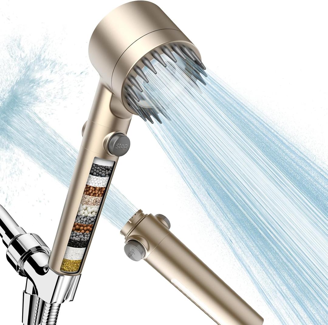Filtered Shower Head with Handheld, High Pressure Water Flow and Multiple Spray Modes Shower Head with Filter, Power Wash for Hard Water, Showerhead with ON/OFF Switch for Pets Bath (Golden)