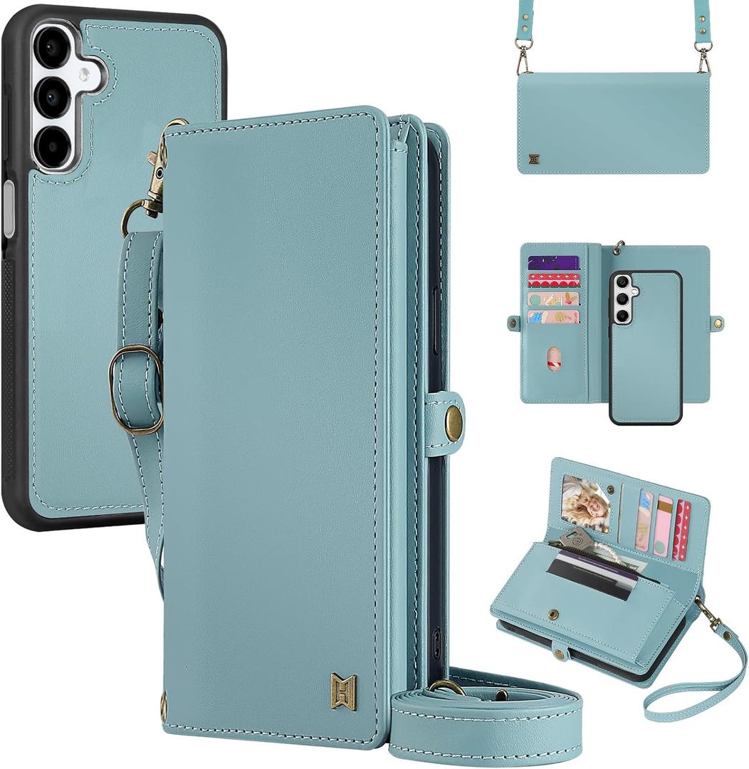 for Wallet Case Compatible with Samsumg Galaxy A16 Multi-Function Detachable 2 in 1 Magnetic Phone Case Wallet,Flip Strap Zipper Card Holder Phone Case with Shoulder Straps (Blue)