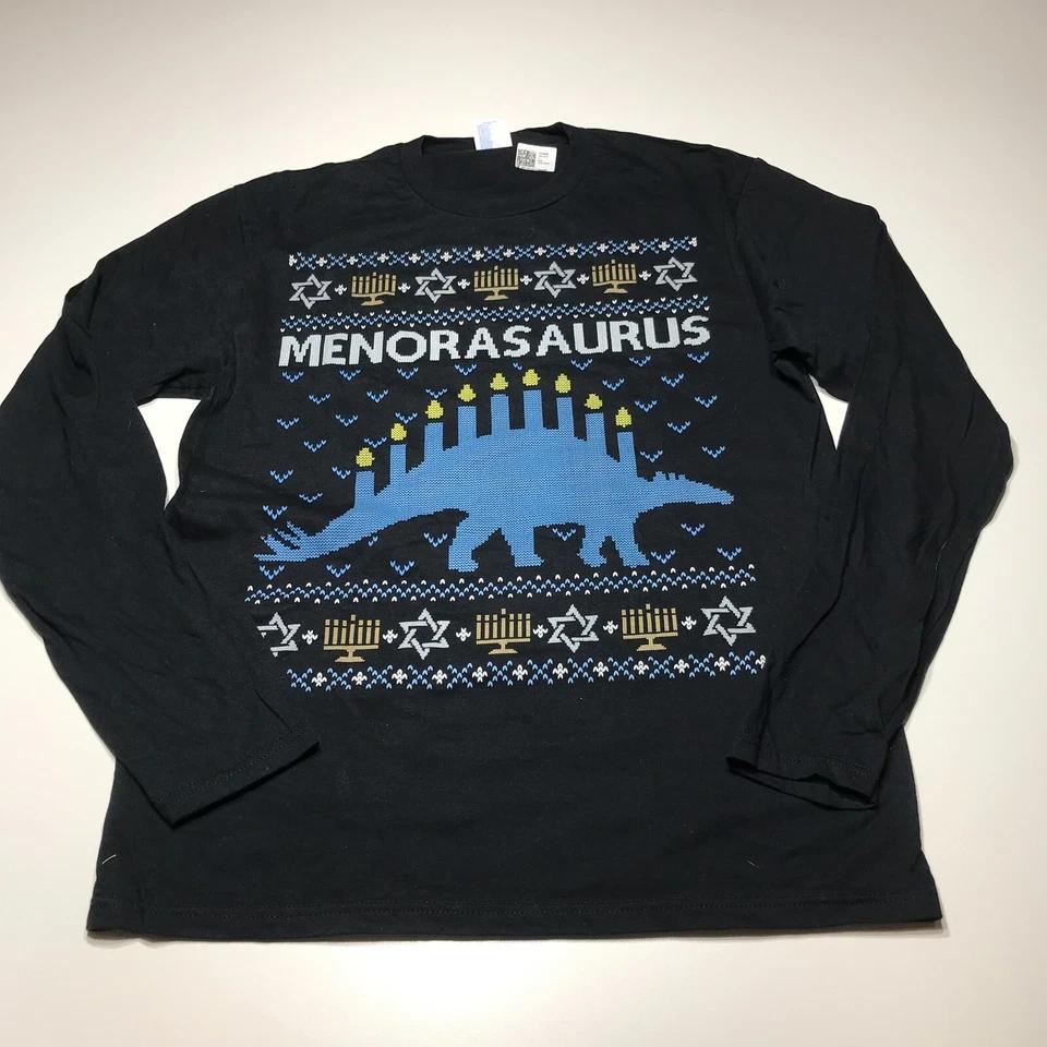 Funny Ugly Hanukkah Sweater Dinosaur Menorah Dino Sweatshirt Sweatshirt Large