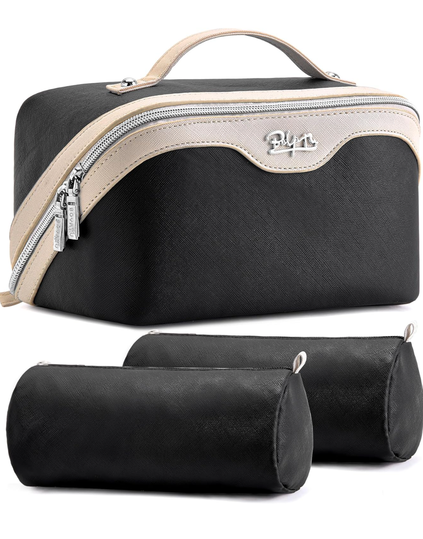 BOYATU Travel Makeup Bag Organizer Cosmetic Bag: 3 Pcs Set Make up Bags for Women with Handle - Waterproof Vegan Leather Toiletry Bags Travel Essentials Pouch with Compartments (A-01-Black)