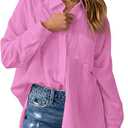 AISEW Womens Casual Button Down V Neck Shirts Raglan Long Sleeve Loose Fit Collared Work Blouses Tops with Pocket, Pink, Small