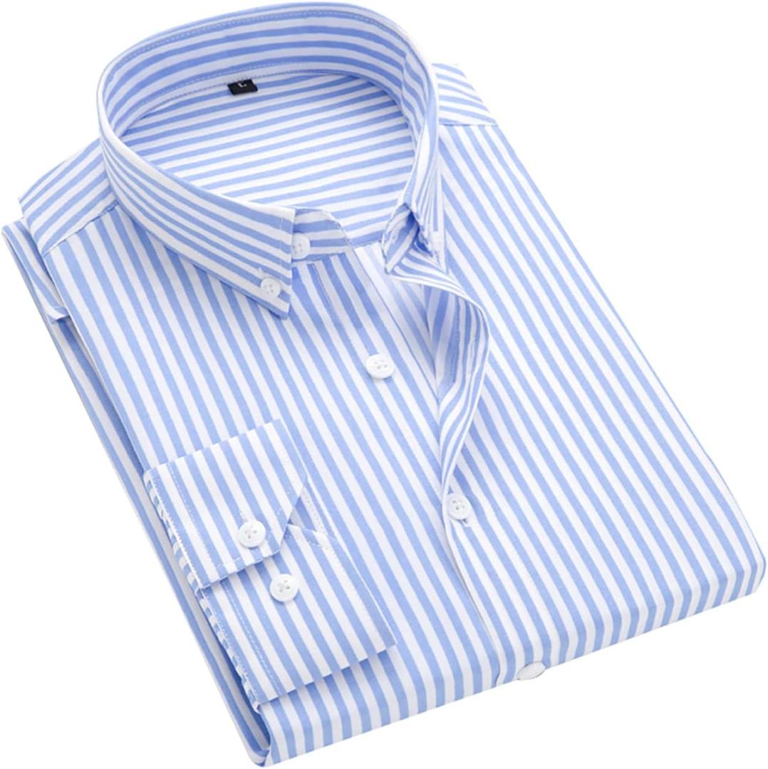 Men's Long Sleeve Dress Shirts Casual Business Vertical Striped Button Down Slim Fit Shirts (Medium, Light Blue)
