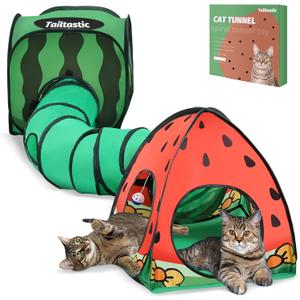 3-in-1 Watermelon Cat Play Tunnel with Pop-Up Cube & Triangle Cat Tent, Interactive Toy Ball & Foldable Design - Easy Magic Tape Assembly Tunnels for Indoor Cats