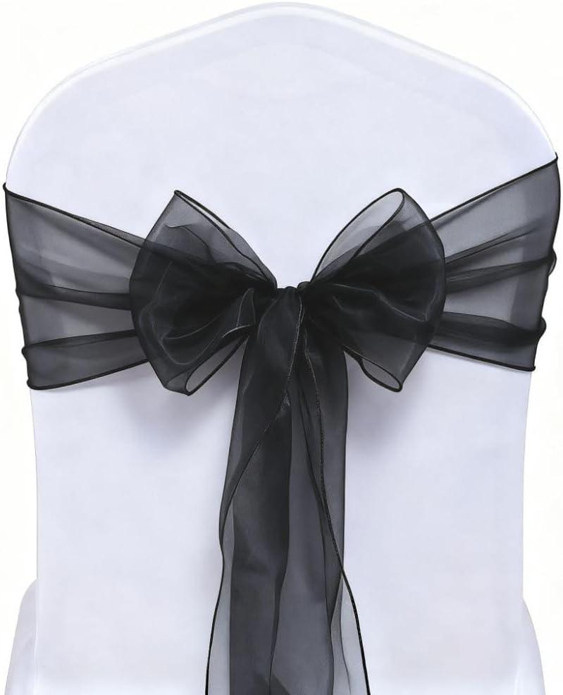 Black Organza Chair Sashes 50 Pack, Chair Bows for Party Wedding Conference Dcor, Universal Chiffon Chairs Knots Ties for Folding Chairs Decorations