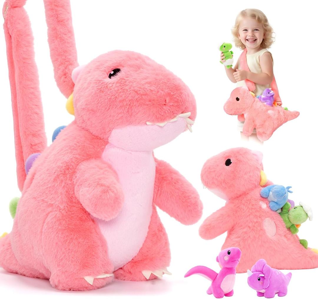 OUOZZZ Pink Dinosaurs Stuffed Animals with 4 Babies Inside - Girl Dinosaur Plush Toys for Kids 3-5 Birthday Gift Toddler with Shoulder Strap