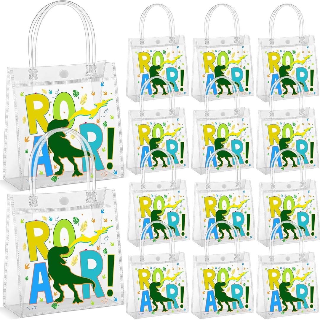 Reallnaive 24 Pcs Dinosaur Goodie Bags Plastic Clear Gift Tote Bags with Handles Dinosaur Themed Party Favor Goodie Holder PVC Handbags for Party Supplies Birthday Treat, 5.9 x 6.3 x 2.7''(Letter)