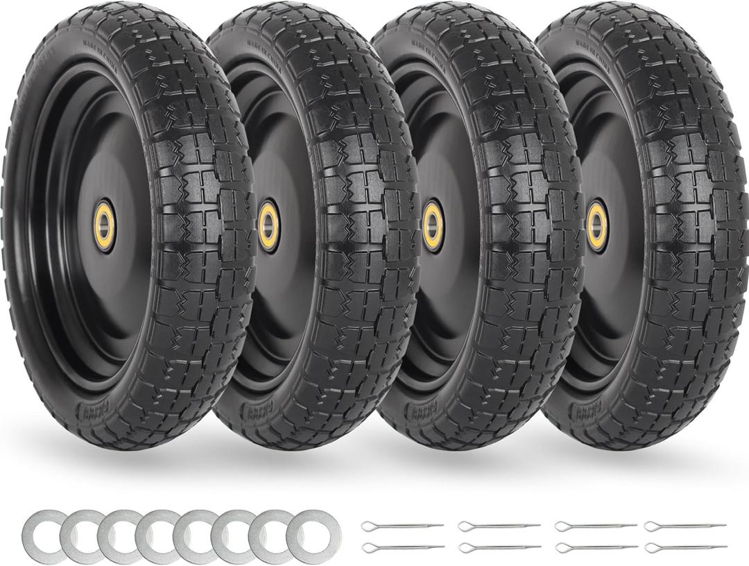 4.00-6 Flat-free Solid Tire and Wheel Replacement, 13" Wheelbarrow Tires with 5/8" Axle Bore Hole, 2.2" Offset Hub for Wheelbarrow Garden Wagon Trolley Dolly (4-pcs), 13" Flat-free Solid Tire and Wheel - 4 Pack