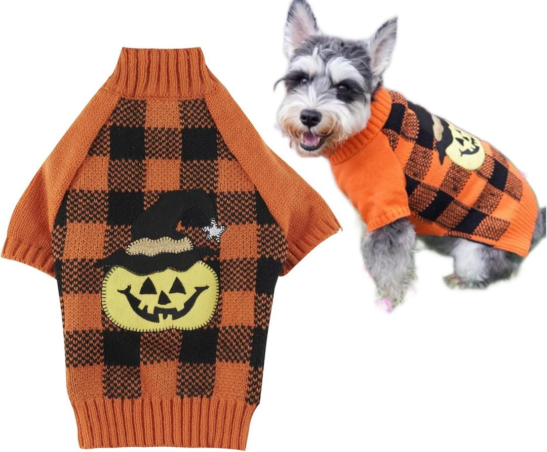 Orange Black Plaid Fashion Pet Halloween Costume Clothes Pumpkin Dog Sweater for Dogs, Large (L) Size