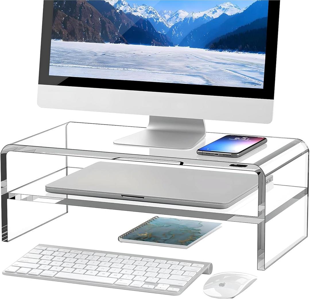 Egchi Clear Acrylic Monitor Stand Riser 2 Tier, 5.12 Inches High Clear Computer Desk Organizer Shelf for Multi Media PC Storage Laptop