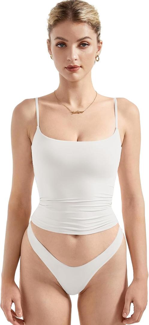 SUUKSESS Women Double Line Square Neck Tank Top Summer Y2K Going Out Basic Cami Shirt (White, S)