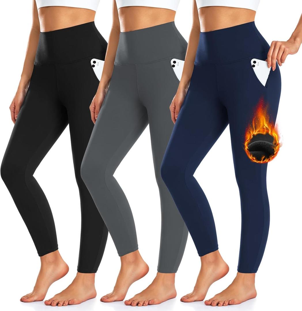 3 Pack Fleece Lined Leggings Women with Pockets -Warm Winter Yoga Pants for Women Thermal Running Workout Leggings, Black/Grey/Navy, Small-Medium