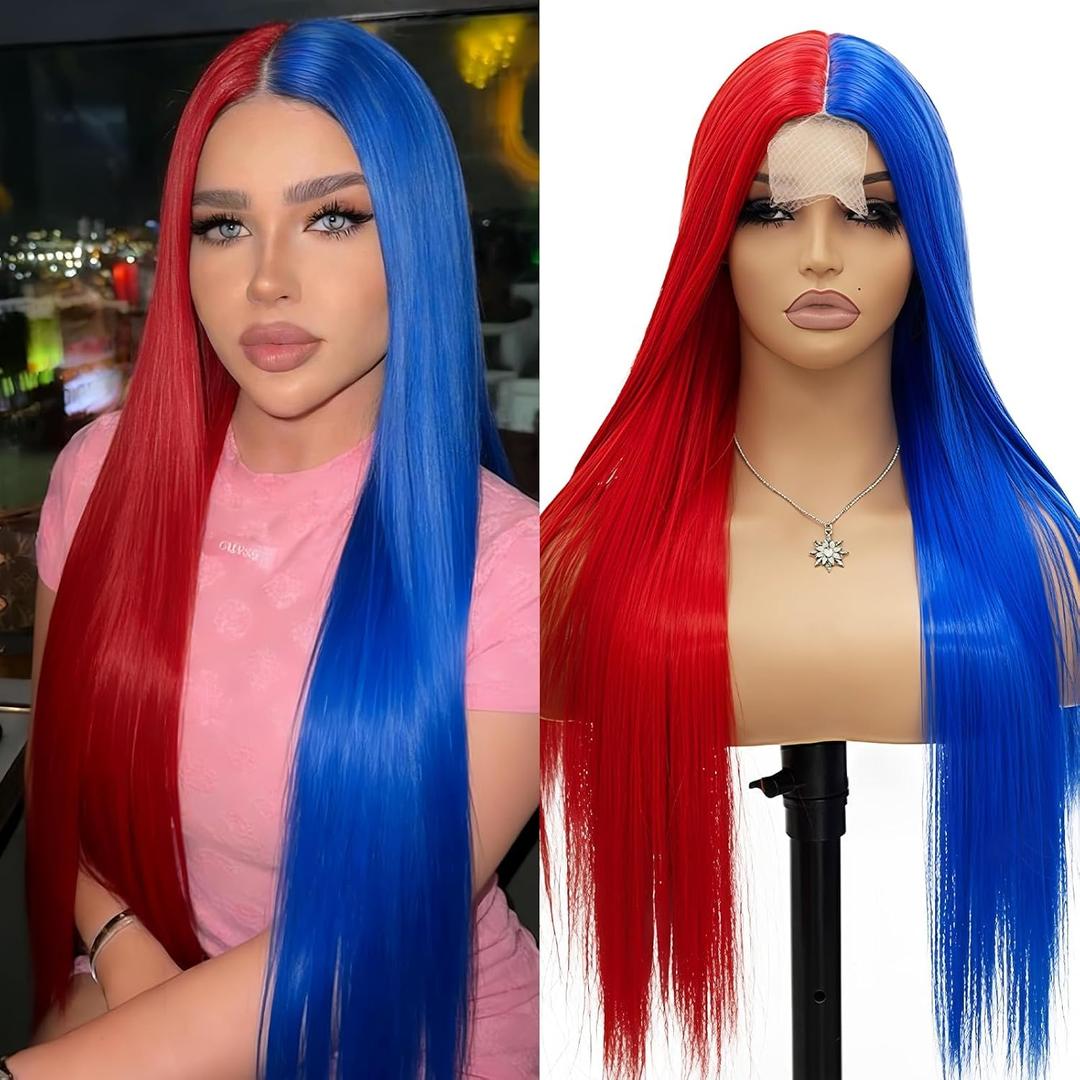 Blue and Red Color Lace Front Wigs Long Straight Half Blue and Half Red Wigs Heat Resistant Natural Straight Wigs Long Silky Synthetic Hair for Women 24-26 Inch Daily Party Use