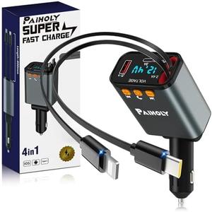 [2025 Compact] Bluetooth 5.3 Car Adapter, FM Transmitter Bluetooth Car Charger, 4 in 1 Retractable Car Charger for Phone, USB C Fast Charging Adapter for RV SUV Truck, iPhone 16/15/14/13