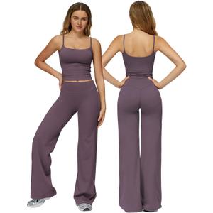 Womens Workout Sets Two Piece Spaghetti Straps Crop Top Matching Straight Leg Pants Gym Work Pilates Outfits (Large, Purple)