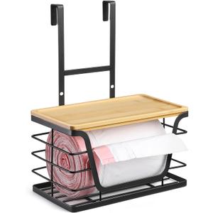 Small Trash Bag Holder - Compact Garbage Bag Holder with Stackable Bamboo Top, Adjustable Hooks for Kitchen/Laundry Room Cabinet Door - Suitable for Small Size Roll (Small 1-Pack)