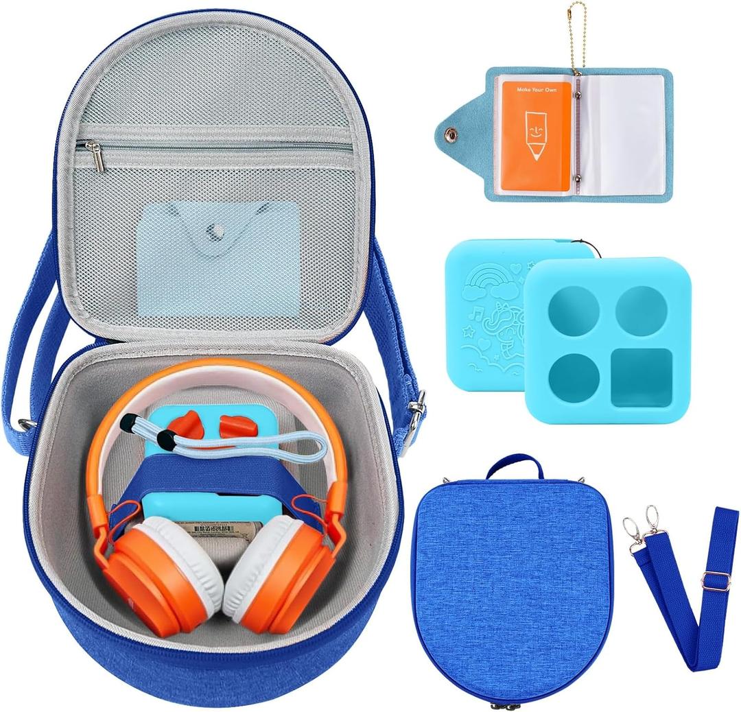 Hard Case Compatible with Yoto Mini (2024 Edition), 3-in-1 Travel Bundle: Silicone Cover + Case with Shoulder Strap (Fits Mini Player & Headphones) + Up to 10 Card Holder for YOTO Cards (Blue)