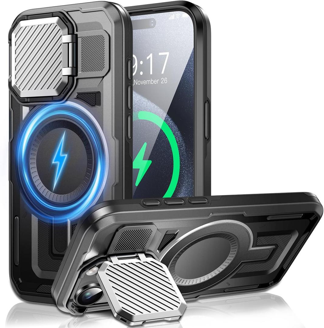 Camera Stand Case for iPhone 15 Pro, [Compatible with MagSafe] [Lens Cover] 2024 Version Military Grade Protective Soft Case for iPhone 15 Pro 6.1 inch Men Women, Black