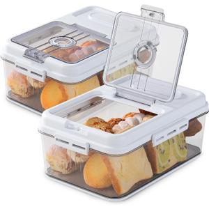Dynta 2 Pack Bread Box for Kitchen Countertop Airtight Bread Storage Container with Lid Time Recording Plastic Bread Keeper for Homemade Bread, Toast, Loaf and Cookies