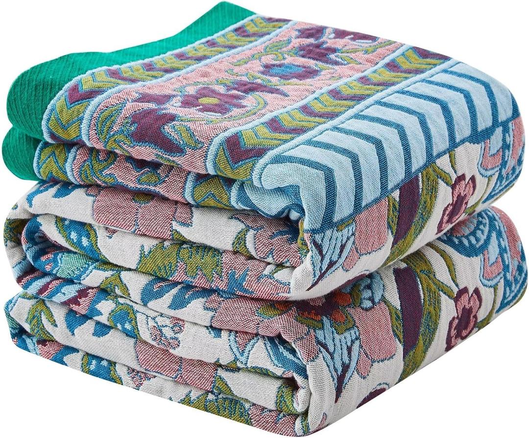 Boho Blanket Soft Muslin BohoThrow Blanket, 100% Cotton Floral Printed Farmhouse Decor All Season Reversible Rustic Throw for Sofa Couch Chair (White, 90"x98")