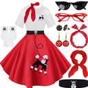 10Pcs Sock Hop Outfits Women, 1950s Poodle Skirts, T-Shirt with 50s Accessories Socks Scarf Headband Belt Earring L
