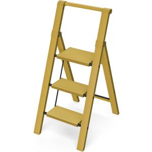 Taranta 3 Step Ladder, Lightweight Aluminum Step Stool with Convenient Handgrip, Folding Ladder with Anti-Slip Pedals, 330lbs Capacity Stepladder for Home, Office, Kitchen - Twilight Yellow