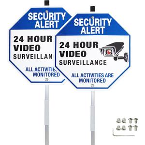 Security Alert 24 Hour Video Surveillance Yard Sign with Stake, Reflective Metal CCTV Warning Sign Outdoor, Blue, 10 x 10 inch, 2 Pcs