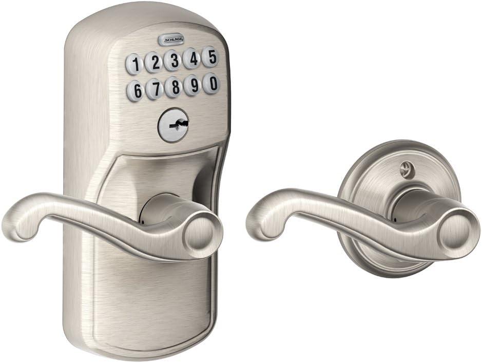 Schlage FE575 V PLY 619 FLA Plymouth Keypad Entry with Auto-Lock and Flair Levers, Satin Nickel