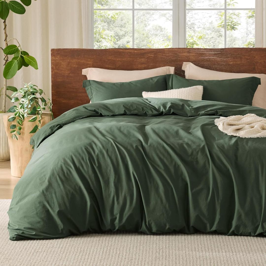 Bedsure 100% Washed Cotton Duvet Cover Queen - Olive Green Minimalist Cotton Duvet Cover Linen Like - 3 Pieces GentleSoft Plain Simple Bedding Set with 2 Pillow Shams (Olive Green, Queen, 90"x90") (Queen (90" x 90"), 14 - Olive Green (No Comforter))