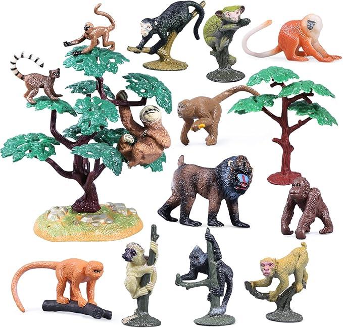 THINKBAY 16PCS Apes & Monkey and Tree Toys, Mini Animal Figurines Toys for Kids Include Orangutan, Tamarin, Lemur, Chimpanzee, Squirrel, for School Projects, Valentine's Day Gifts for Kids