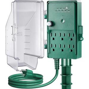 SURAIELEC Outdoor Power Stake, Dusk to Dawn Light Timer, 6 Electrical Outlet Power Strip Waterproof, 6 ft Extension Cord for Patio Lights, Sprinkler, Garden, Christmas Decorations, Outdoor Light (Green)