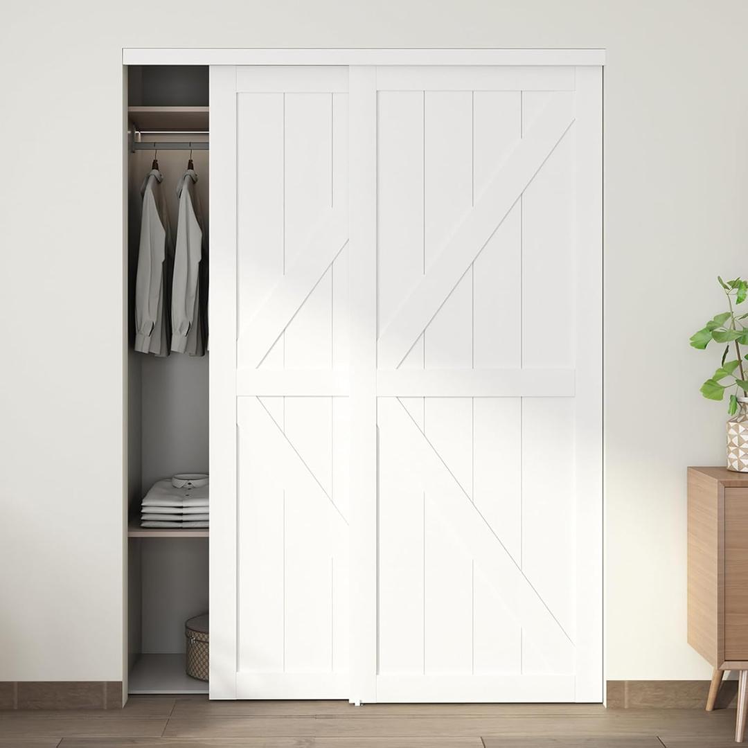 JUBEST 60"(Double 31") x80" Sliding Closet Door, K Style Bypass Closet Door with Hardware Kit & Matching Fascia, Preassembled Solid Wood Slab with Water-Proof PVC Surface, Easy to Install, White