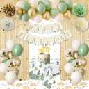 Sage Green Birthday Decorations, Olive Green Gold White Sand Balloons Happy Birthday Banner Tablecloth Gold Fringe Curtain Paper Pom Poms for Kids Women Men Girls Boys Bday Party Decor